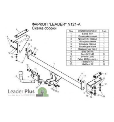 Фаркоп для Nissan Qashqai, Qashqai+2 2008-2014/2014- Лидер Плюс